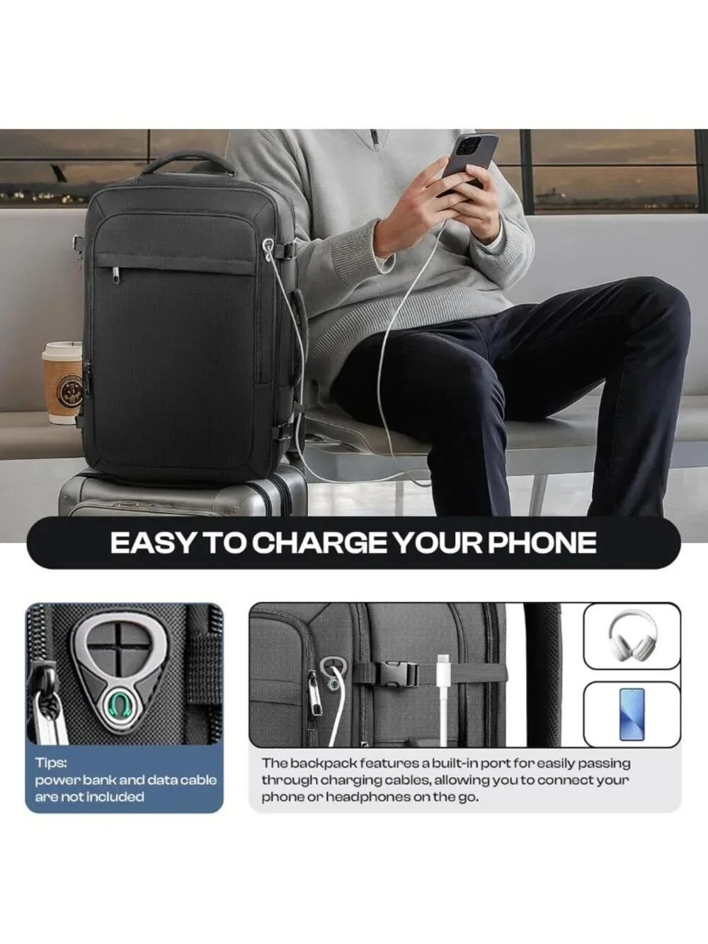 Extra Large 40L-50L Carry-On Backpack, Expandable, Water-Resistant, TSA